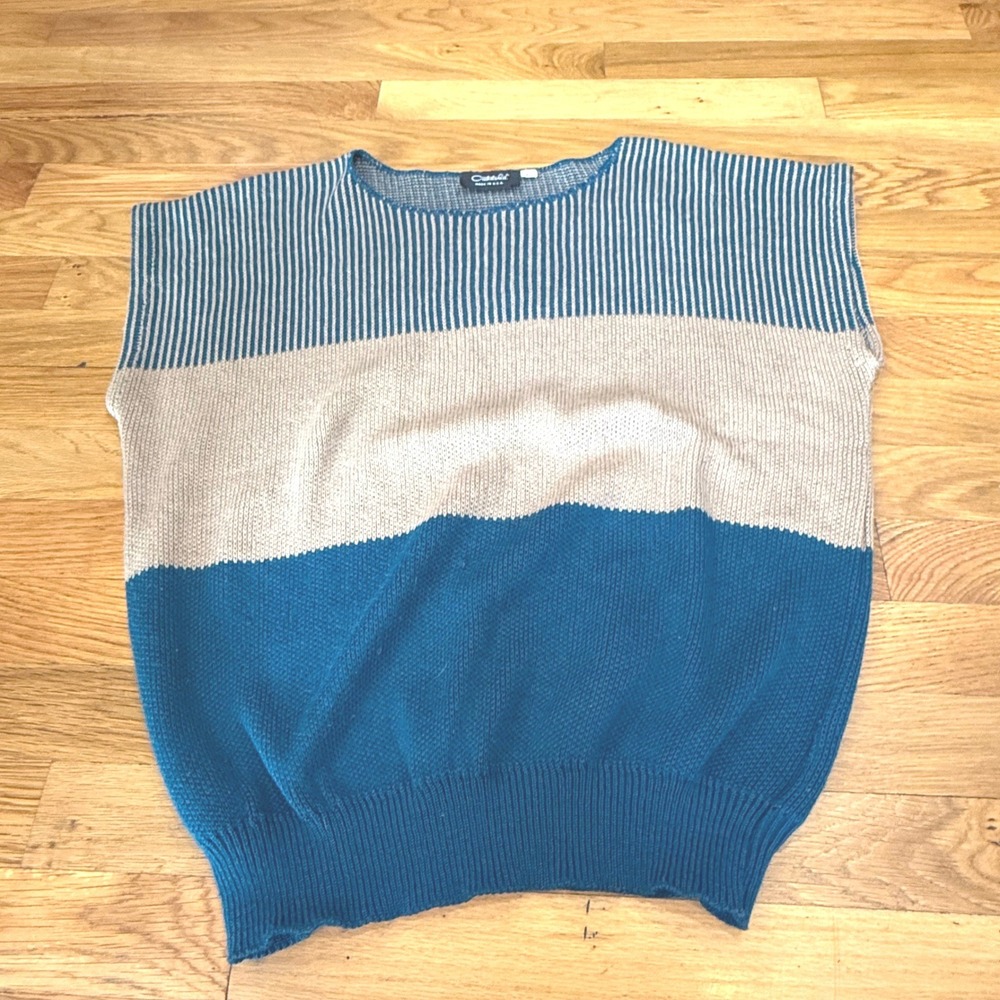 Vintage Catalina Colorblock Striped Sweater Vest‎ Teal Tan Large USA Made